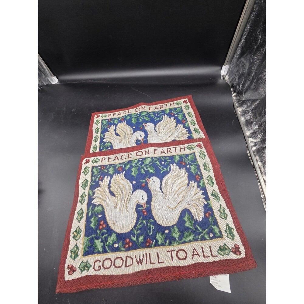 Vtg Christmas Tapestry Dove Peace On Earth Set Of 2 Placements Holiday Berry